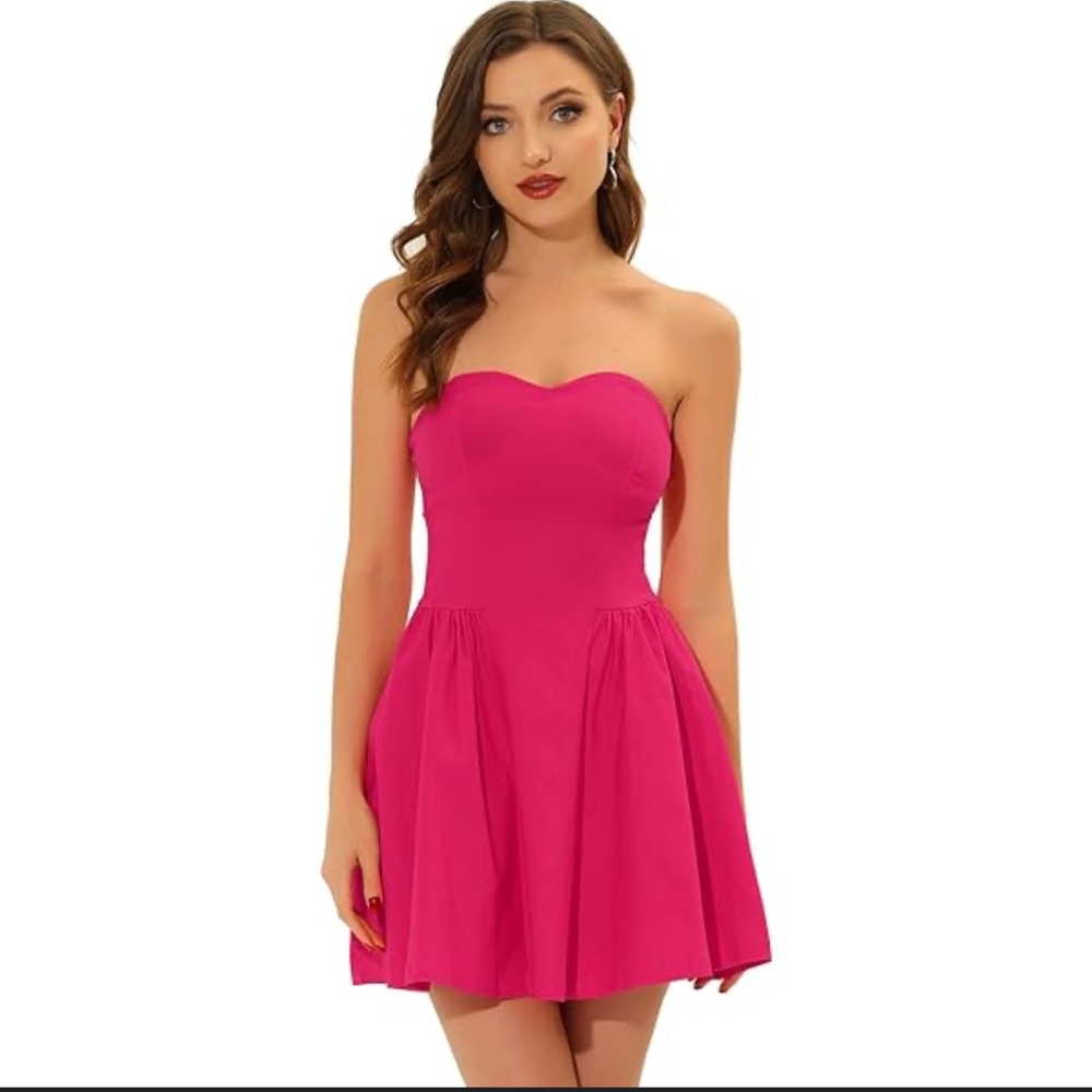 Allegra K Elegant Strapless Hot Pink Fit n Flare Short Dress